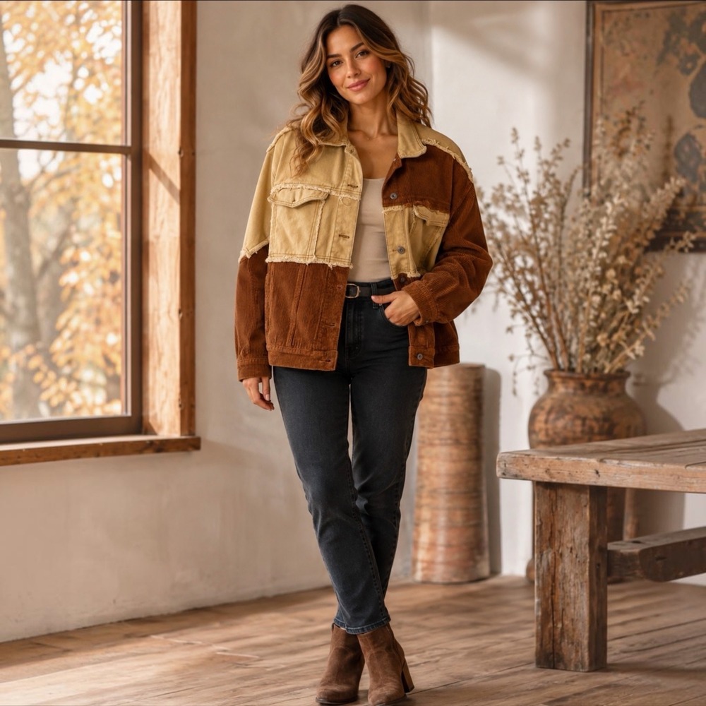 Easel Colorblock Corduroy Canvas Jacket Brown Tan Frayed Raw Edge Western S 26"